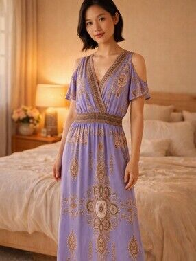 Cold-Shoulder V-Neck Maxi Dress in Lavender Paisley